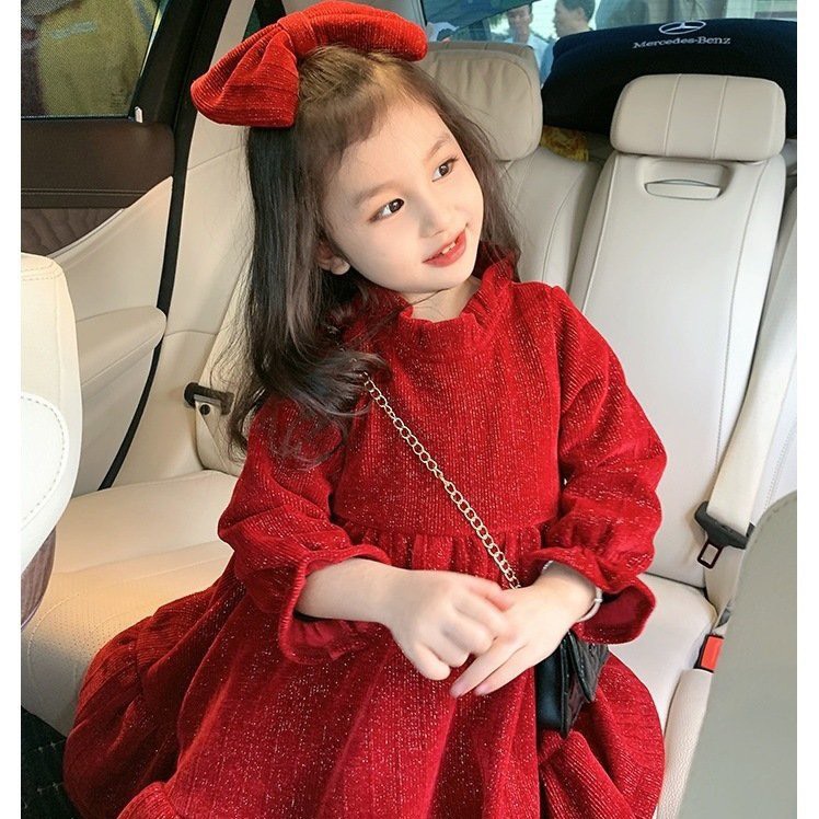 Váy nhung kim tuyến đỏ kèm tuban nơ cao cấp cho bé 8-24kg C02