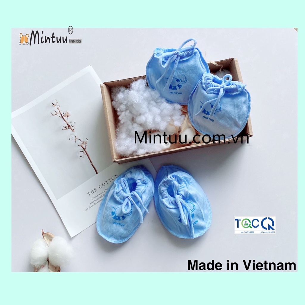 Bao tay chân cho bé sơ sinh, bao tay chân cột dây màu, chất liệu vải 100% cotton, thương hiệu MINTUU