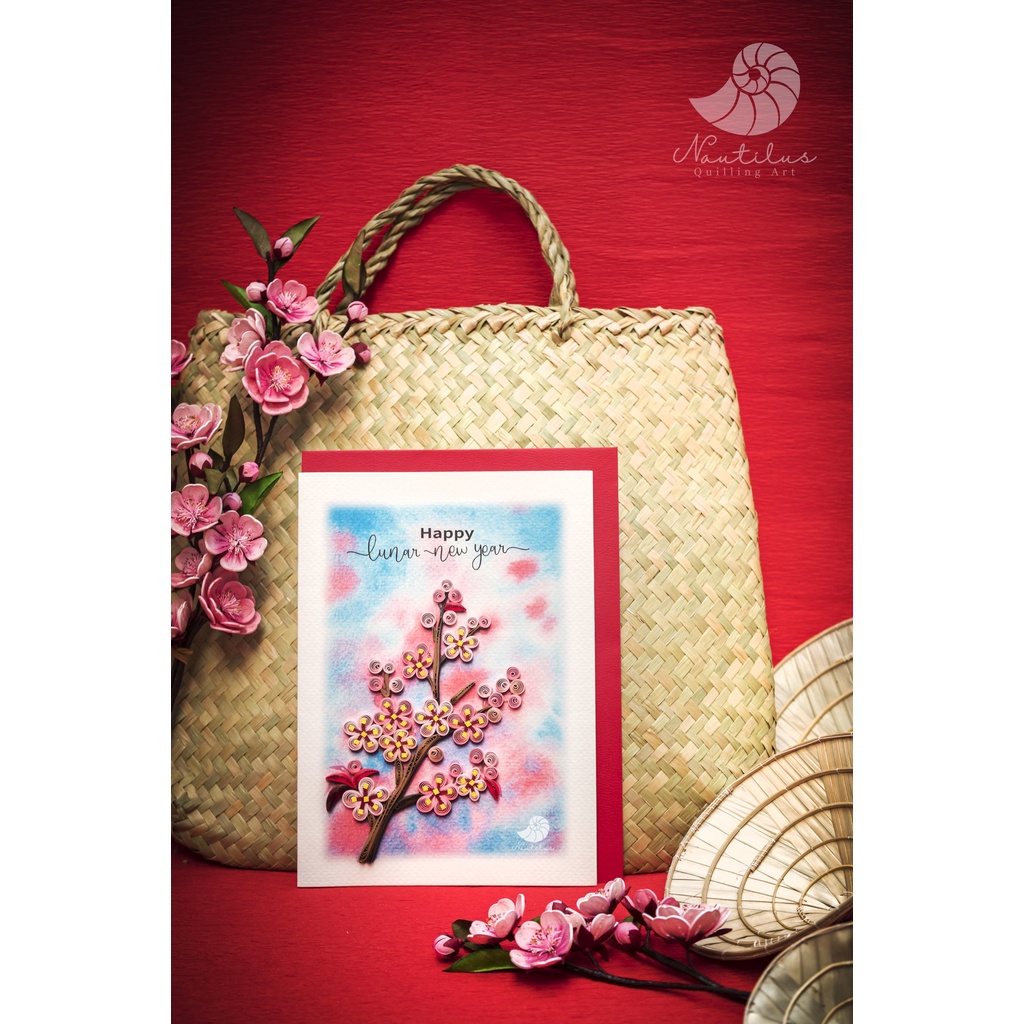 Thiệp Quilling Giấy Xoắn, Thiệp Cành Đào Tết, Thiệp giấy Handmade làm Quà lưu niệm tặng Người thân 13cmx18cm (Size To)