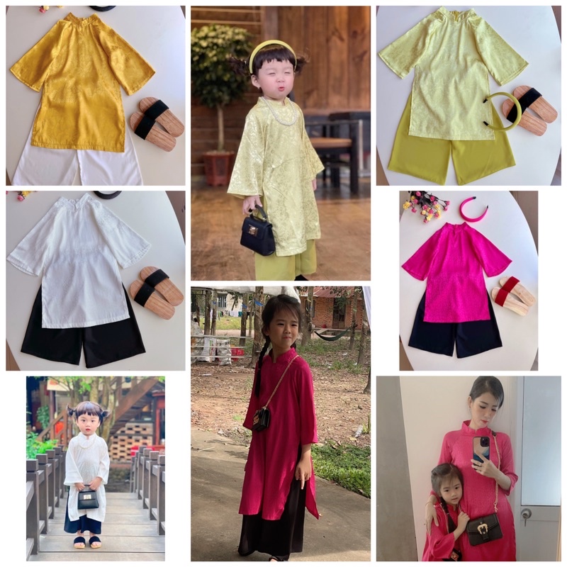 Áo dài cách tân bé gái cổ trụ vânsiêu xinh cho bé 1-8 Tuổi (Gồm Áo dài, quần,cài ) ảnh thật chính chủ.