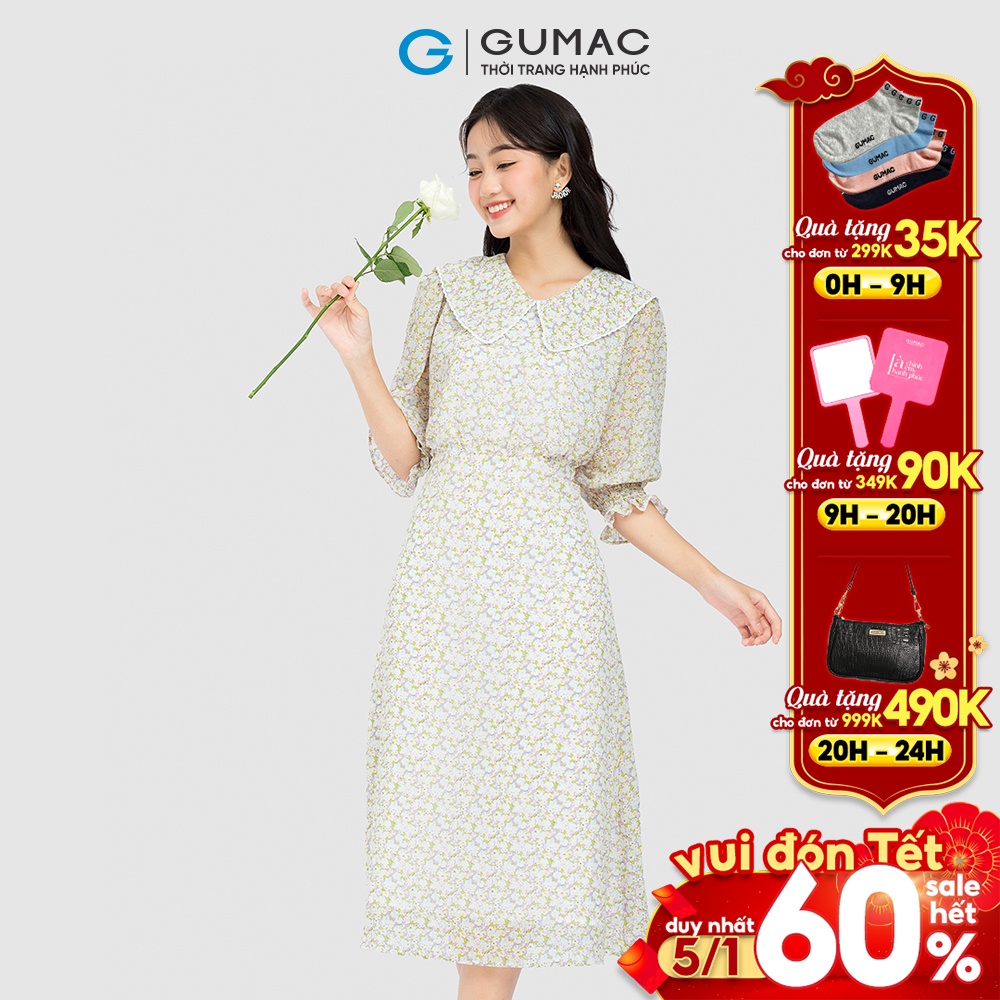 Đầm nữ dáng xòe thời trang GUMAC màu xanh dáng maxi phối cổ bâu viền ren DC08072