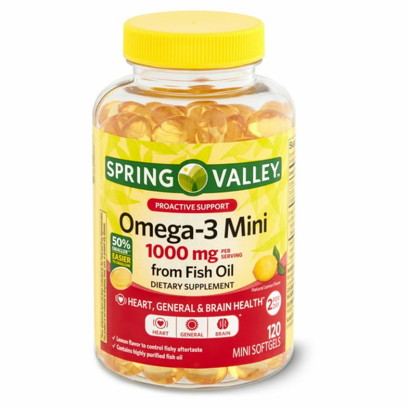 Viên Dầu Cá mini vị chanh Spring Valley Omega-3 Mini 1000mg (120viên) - Hỗ trợ chức năng tim, não, và sức khỏe nói chung
