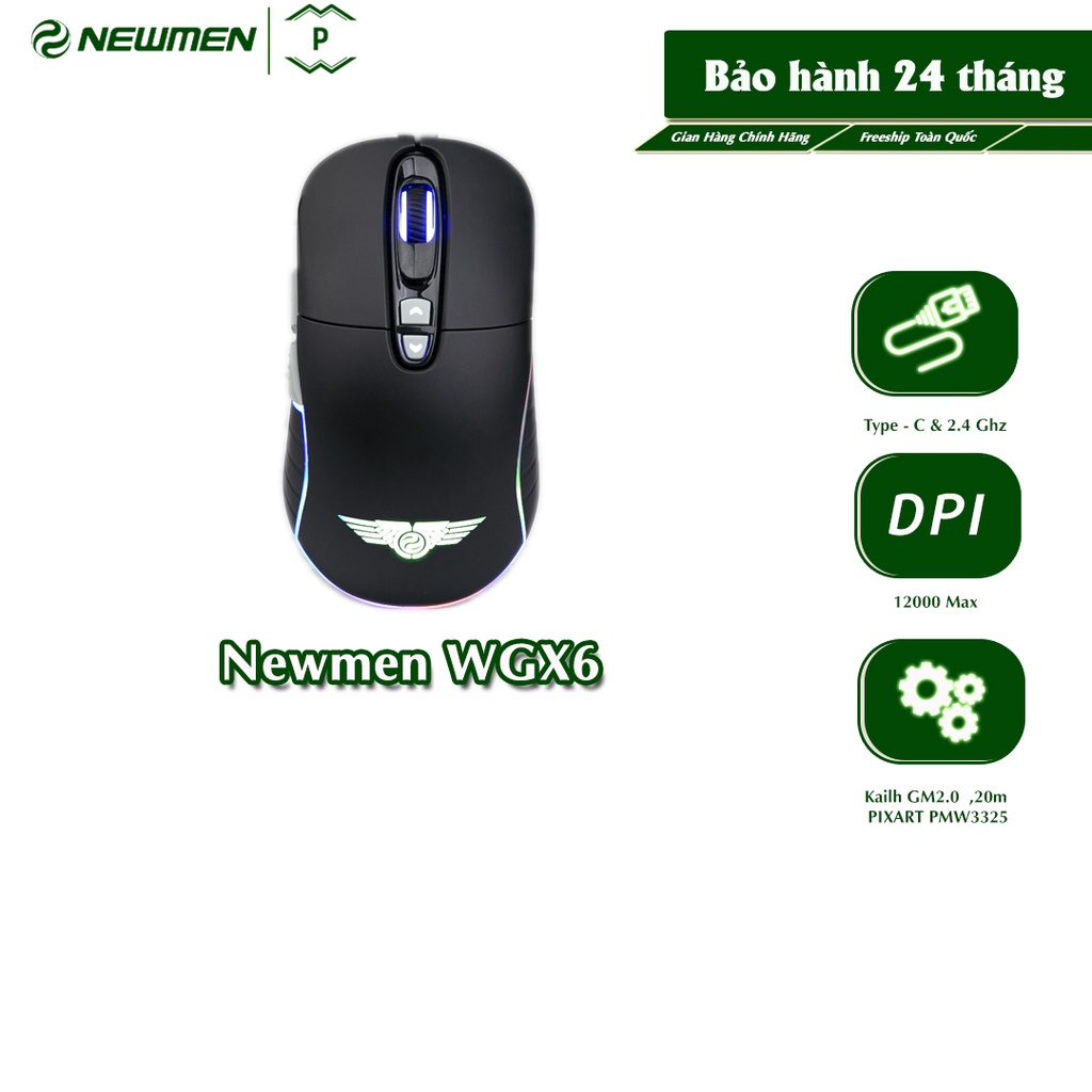 Chuột máy tính không dây Gaming NEWMEN WGX6, DPI 12.000 Max, Switch cao cấp GM2.0, bảo hành 24 tháng - Hàng chính hãng