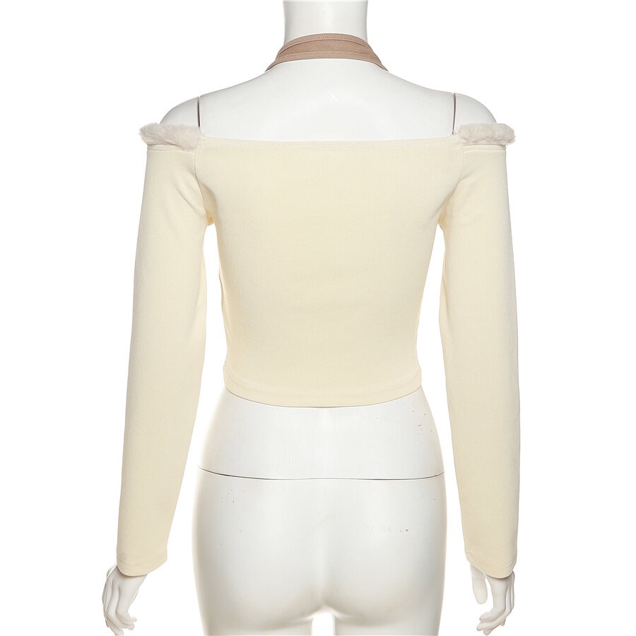 Áo Croptop Trễ Vai Dài Tay Phối Lông Thời Trang Hàn Quốc Dành Cho Nữ
