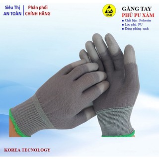 Găng tay Polyester phủ PU ngón xám, chống mài mòn, xước lông, dùng phòng sạch nhà máy điện tử