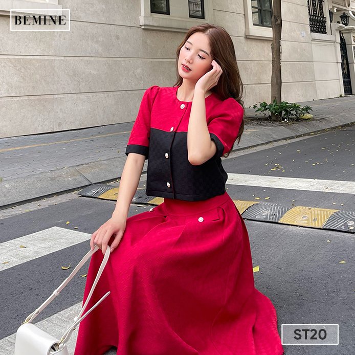Set áo cổ tròn chân váy túi hộp BEMINE ST20