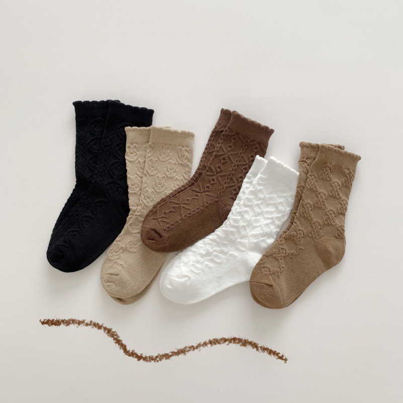 Set 5 đôi tất vớ gân cao cổ tone Nâu Màu trơn cho bé phong cách hàn quốc Dập nổi