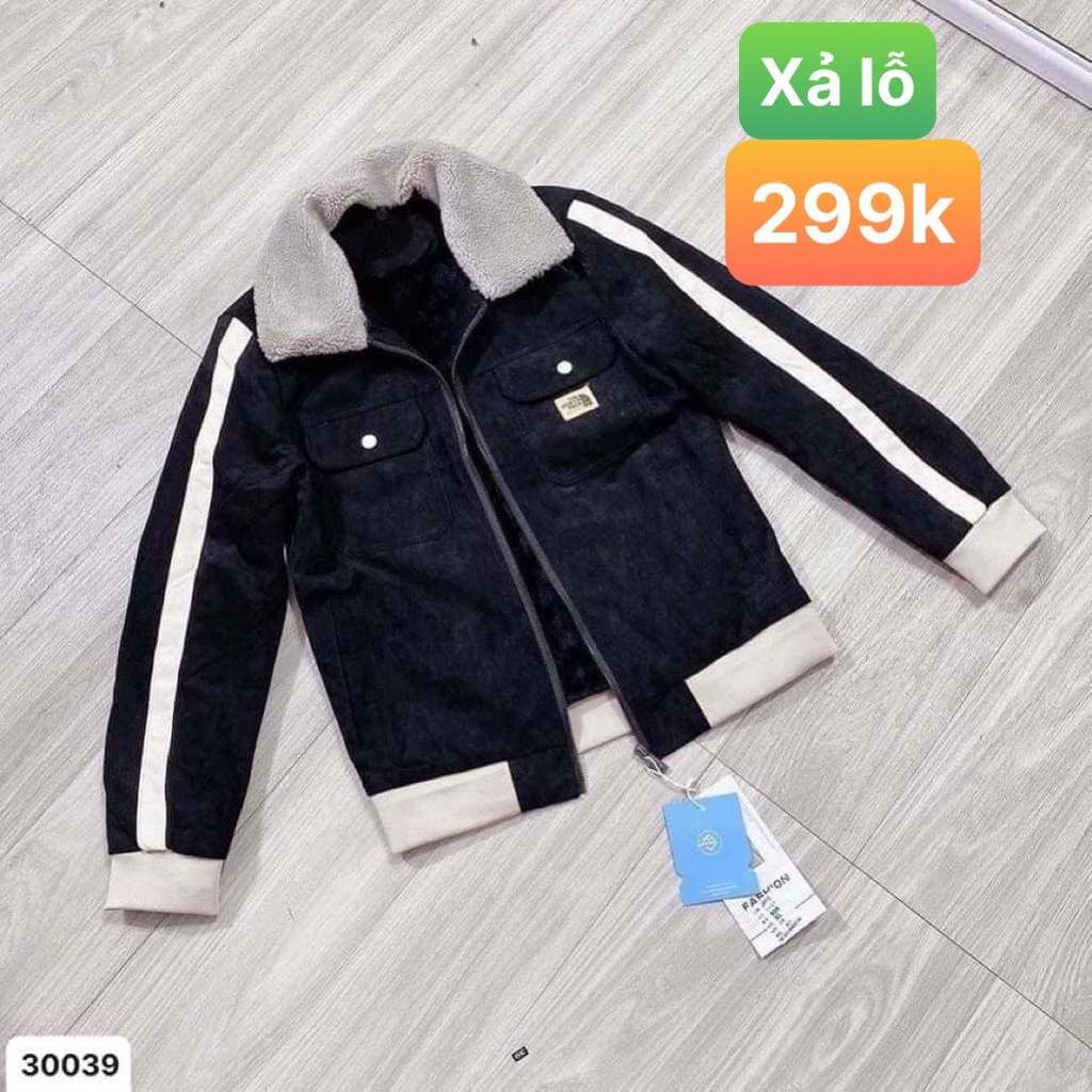 áo khoác cổ lông viền sọc trắng cao cấp