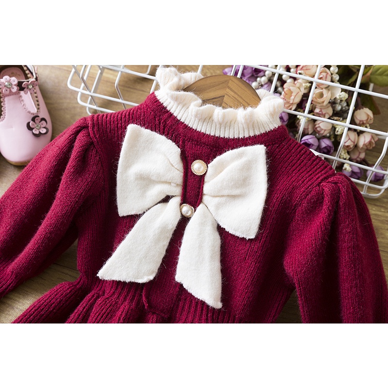 Đầm sweater NNJXD vải dệt kim tay dài đính nơ to thời trang thu đông cho bé gái 1-6 tuổi