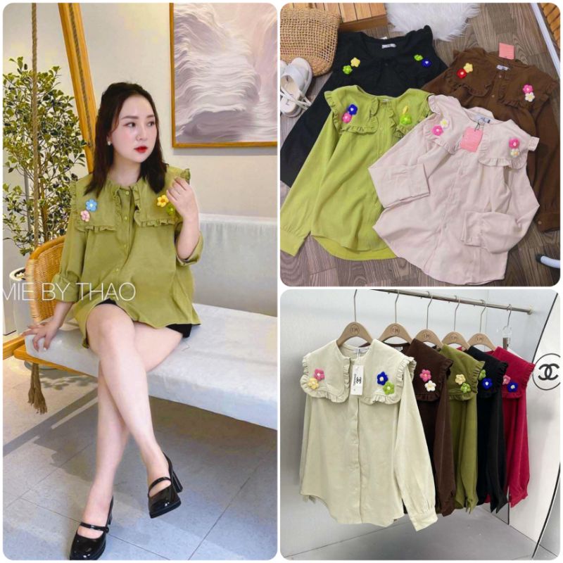 ÁO SƠ MI DÀI TAY NHUNG TĂM CỔ BÈO ĐÍNH HOA BIGSIZE 70-90KG - ÁO SƠ MI BIGSIZE