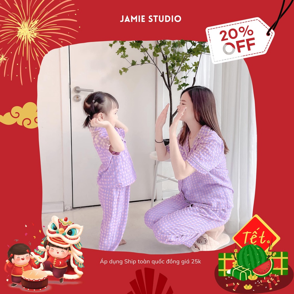 Bộ Đồ Ngủ Đôi Cho Mẹ và Bé - Pijama Mẹ Con Kẻ Caro Áo Cộc Quần Dài Design By Jamie Hot 2022