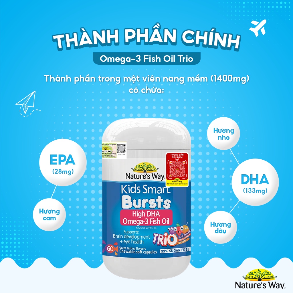 Viên Uống Dầu Cá Nature's Way Omega-3 Fish Oil Trio Giúp Bổ Sung DHA Phát Triển Trí Tuệ Cho Bé 60 Viên