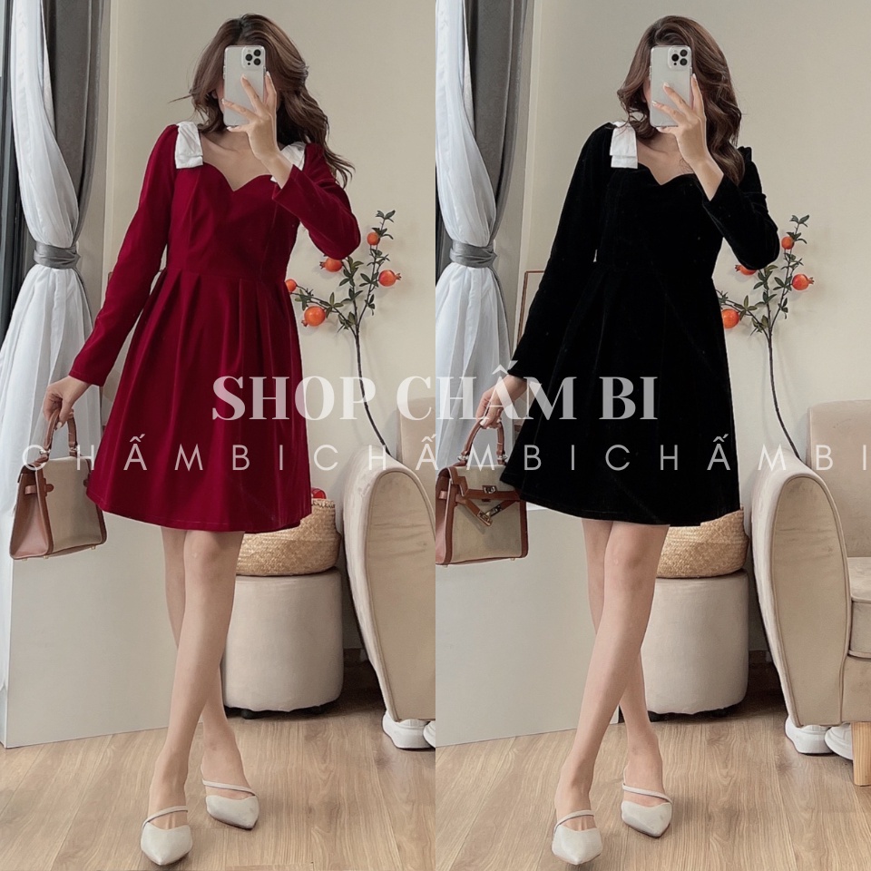 Váy nhung nữ dài tay V.137, Váy nhung nơ vai 2 màu đen đỏ sang chảnh phong cách Hàn Quốc - Shop Chấm Bi