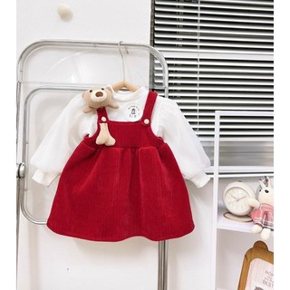 Set yếm nhung đỏ kèm áo thun tăm cho bé, váy nhung đỏ mặc tết cho bé gái
