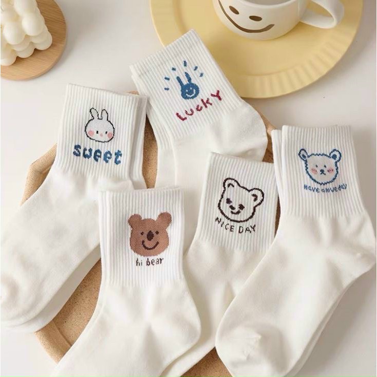 Tất nữ cổ cao, vớ nữ, dớ cotton co giãn hoạt hình MiuMiu màu trắng unisex phong cách Hàn Quốc T03 - 