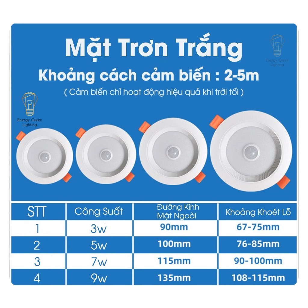 Đèn Led Âm Trần Energy Green Lighting Cảm Biến 5W-7W-9W DL-604 - Chip Led Siêu Sáng - Ánh Sáng Trắng - Bảo Hành 1 Năm