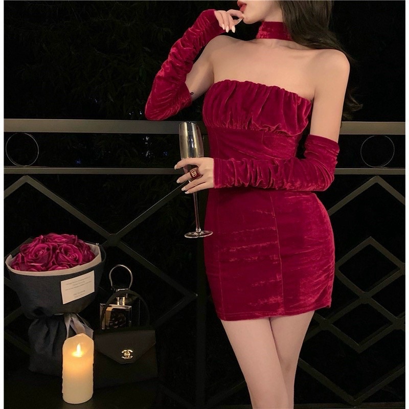 Đầm body hở vai tay dài TIBU, Set Váy Nữ Chất Nhung Cao Cấp Tôn Dáng Gợi Cảm Phối Cổ Sexy | BigBuy360 - bigbuy360.vn