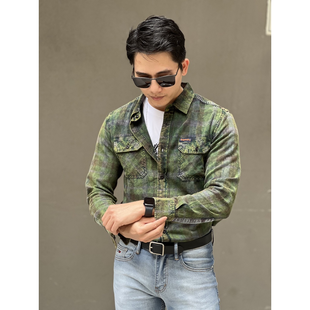 ÁO SƠ MI CA RÔ SUPERDRY VẢI FLANNEL WASH AXIT XANH LÁ