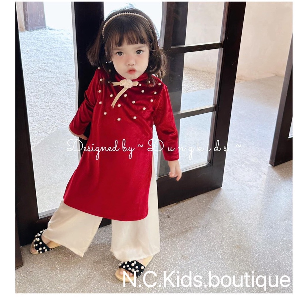 Áo dài Tết 2023 cho bé gái FUHA, bộ vải nhung du xuân gắn nơ dẽ thương bé 10kg đến 20kg