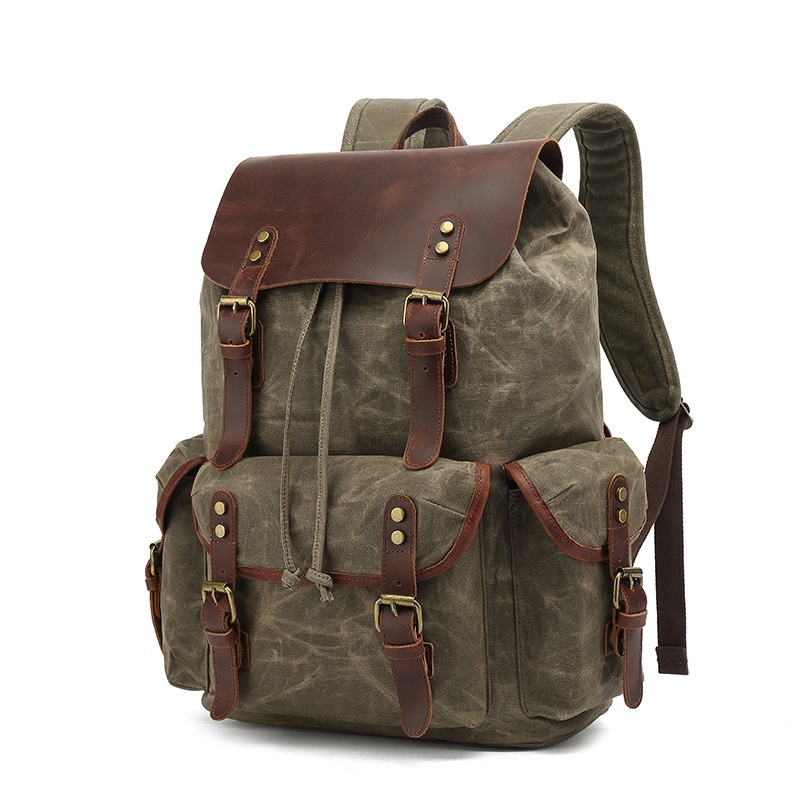 Balo canvas sáp, da thật, khoá đồng cao cấp