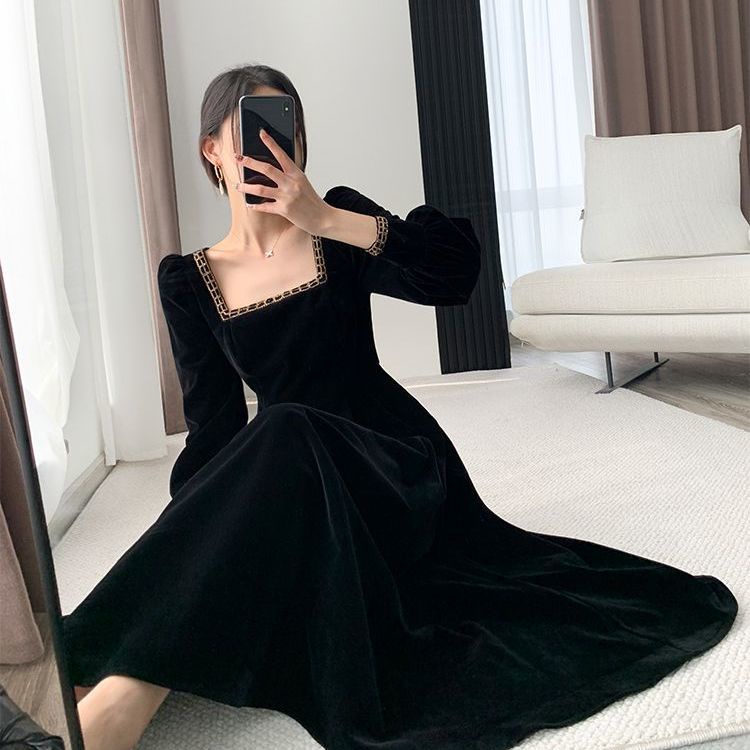 🎀đâm babydoll váy babydoll váy dài Đầm Nhung Đen Dáng Dài Cỡ Lớn Thời Trang Thu Đông Sang Trọng Cho Nữ