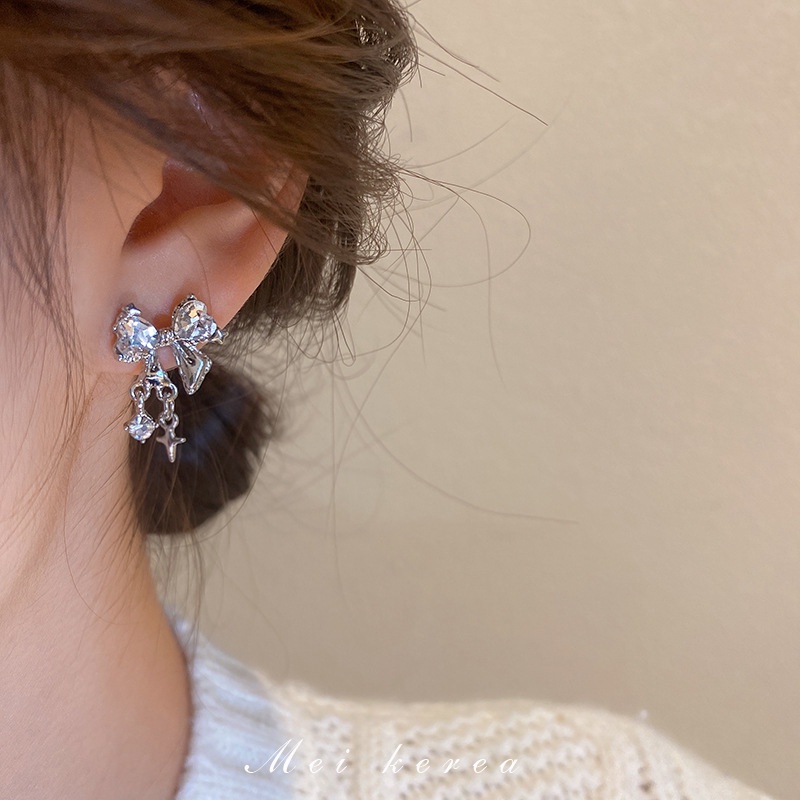 Bông Tai Mạ Bạc Hình Nơ Đính Kim Cương Giả Phong Cách Nhật Hàn