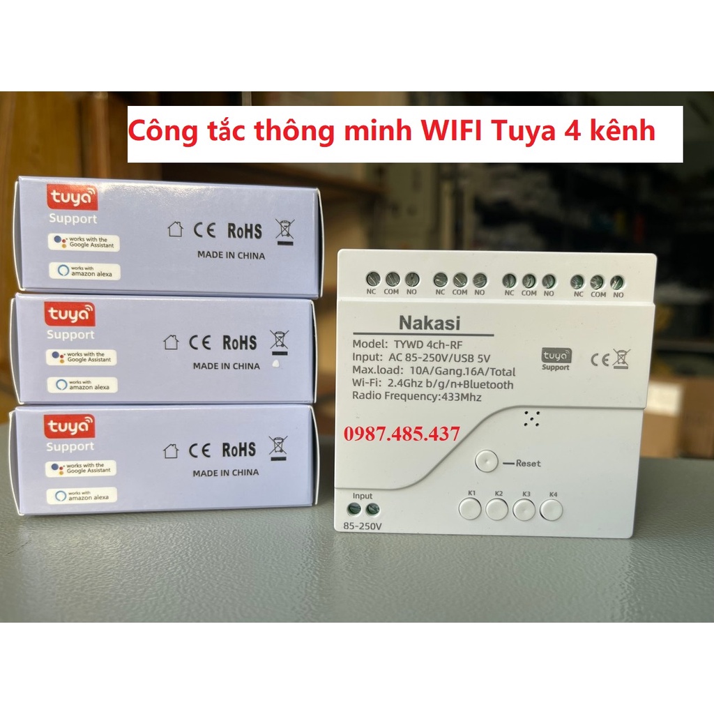 Công tắc điều khiển từ xa qua điện thoại, điều khiển WIFI 4 kênh Tuya