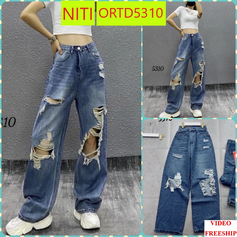 [ORTD5310] QUẦN JEANS ỐNG RỘNG NỮ LƯNG CAO RÁCH 2 MẢNG ĐÙI PHẢI KÈM ĐÙI TRÁI TO TE TUA MÀU XANH ĐẬM LAI CUỐN CÁ TÍNH SI