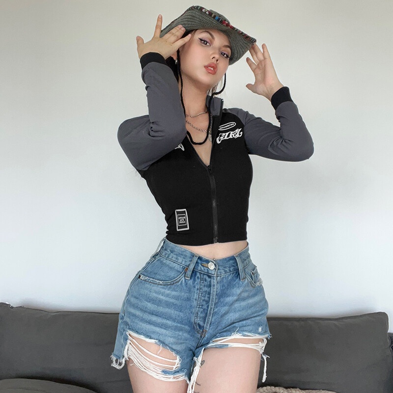 Áo kiểu WEIRD PUSS tay dài ôm dáng có khóa kéo in họa tiết chữ cái phong cách vintage cá tính dành cho nữ