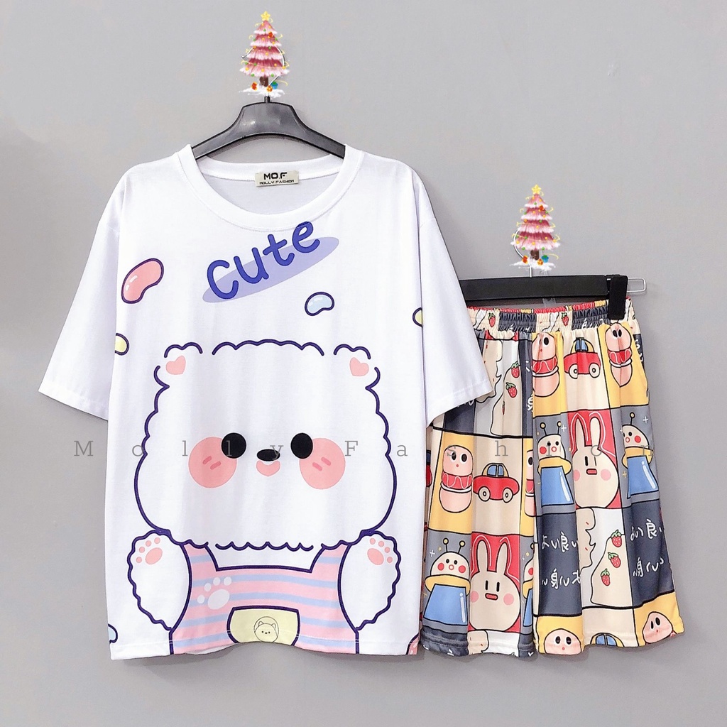 Đồ bộ hoạt hình ❤️ Bộ mặc nhà form rộng Unisex GẤU BÔNG CUTE TRẮNG nam nữ Freesize Molly Fashion