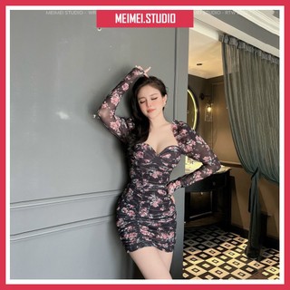 Đầm hoa nhí Rustic cúp ngực tay bồng - Dáng mini dài tay phong cách Hàn Quốc | XKV40 | Meimei Studio
