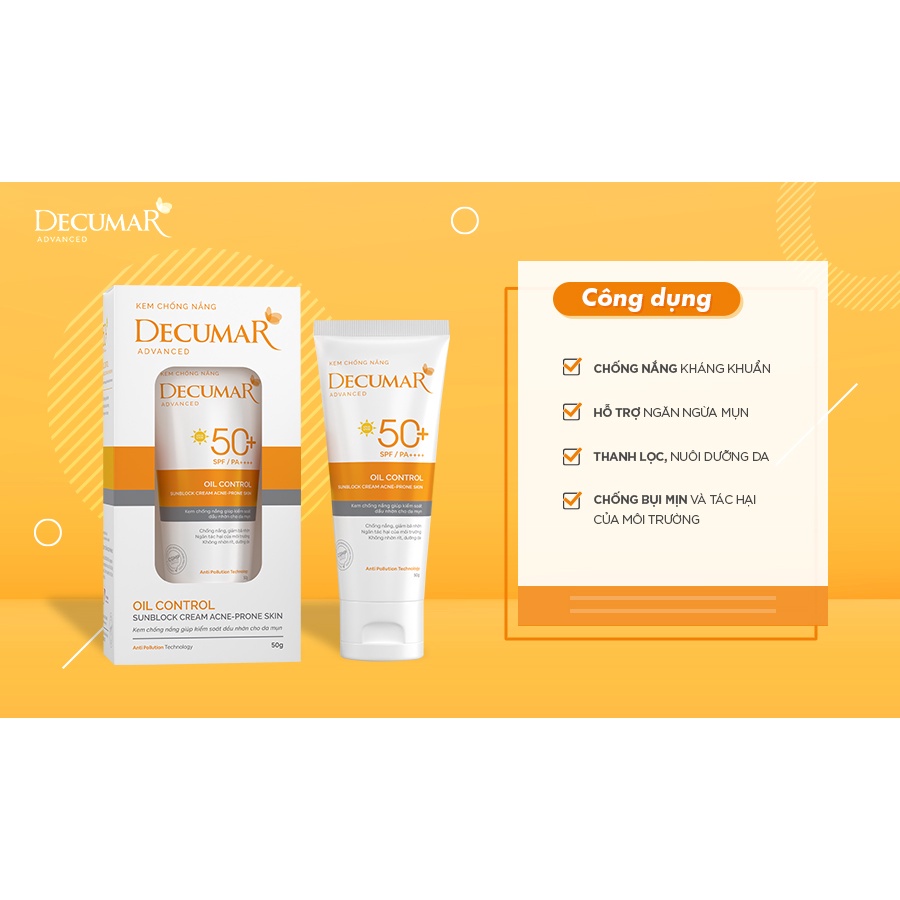 Kem Chống Nắng Kiềm Dầu Ngừa Mụn Decumar Advanced Oil Control Sunblock Cream SPF50 + (50gr)