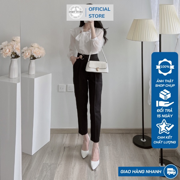 Quần tây nữ lưng cao ANMY dáng baggy cạp cao siêu tôn dáng ống đứng chuẩn đẹp khóa sườn đen trắng nâu Q486