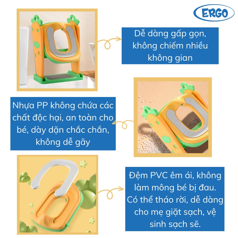 Thang bô vệ sinh Ergo có nắp thu nhỏ bồn cầu gấp gọn tiện lợi dùng cho bé trai và bé gái có sẵn tay vịn đi kèm