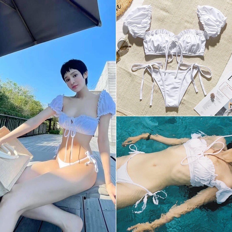 ( Mua 1 tặng 1) Set bikini bơi bo ngực tay bèo HIền Hồ + Set 2 mảnh cúp ngực gọng yếm phối lưới