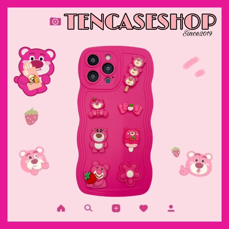 Ốp lưng ip pro camera GỢN SÓNG HỒNG NEON kèm hoạ tiết gấu dâu lotso siêu cute dành cho ip