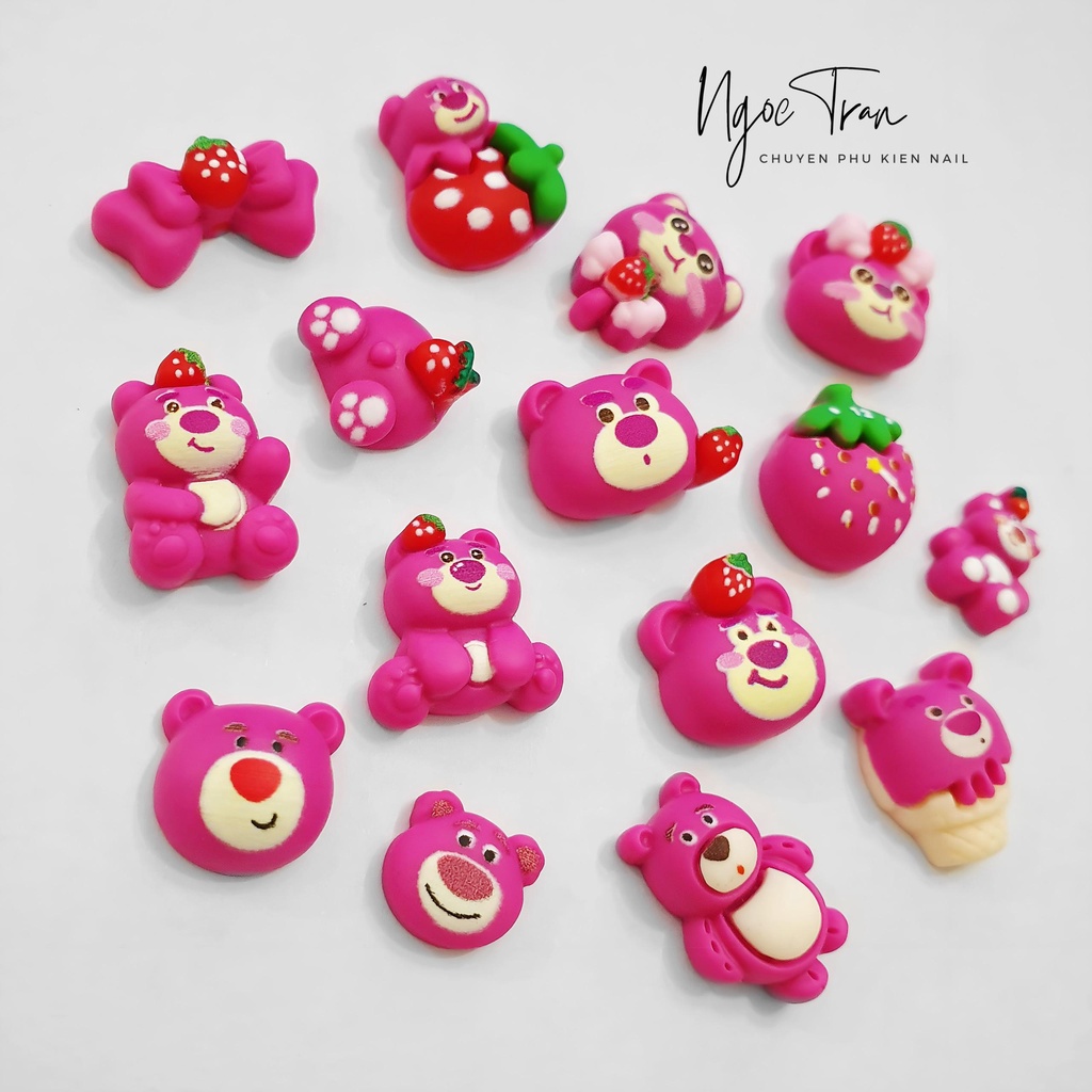 Charm Gấu Hồng Dâu LOTSO Đáng Yêu | Hoạt Hình Trang Trí Móng