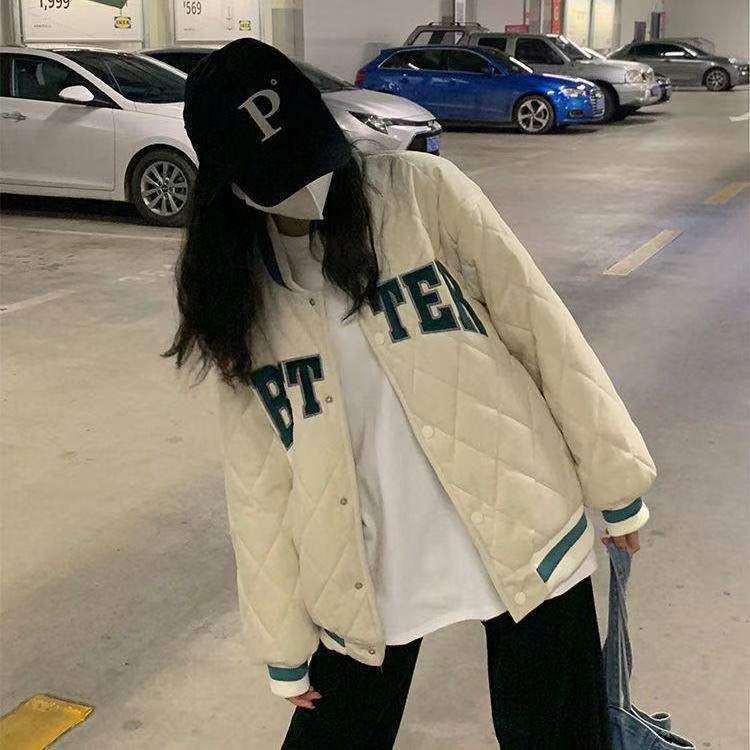 Áo Khoác Bóng Chày Dáng Rộng Vải Cotton In Chữ Thời Trang Hàn Quốc Cá Tính Cho Nữ