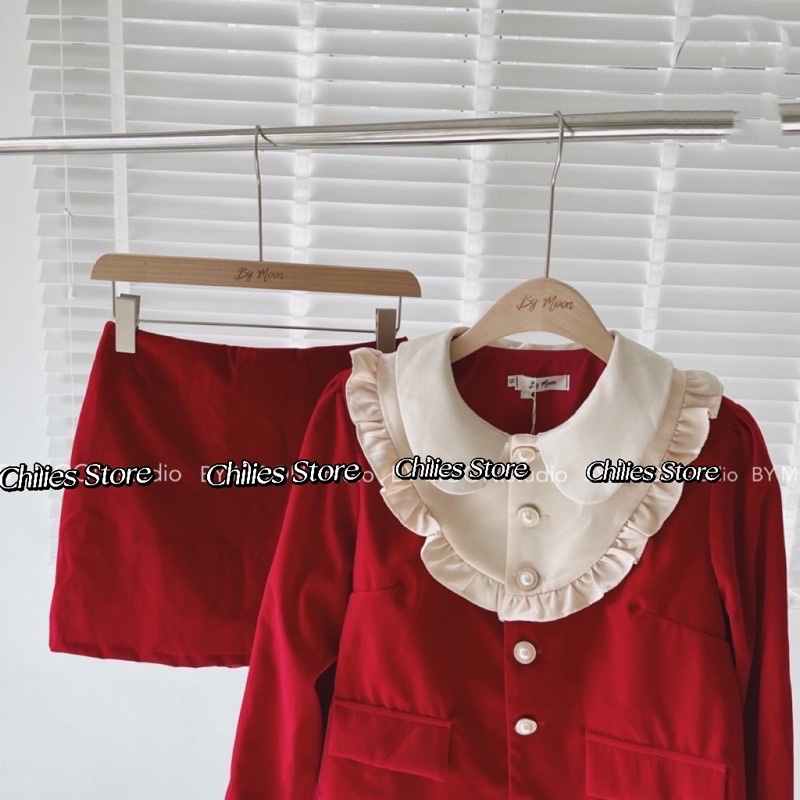 Set Váy Nhung Đỏ Kèm Quần Áo Croptop Cổ Sơ Mi  Trang Thiết Kế  Có Ảnh thật