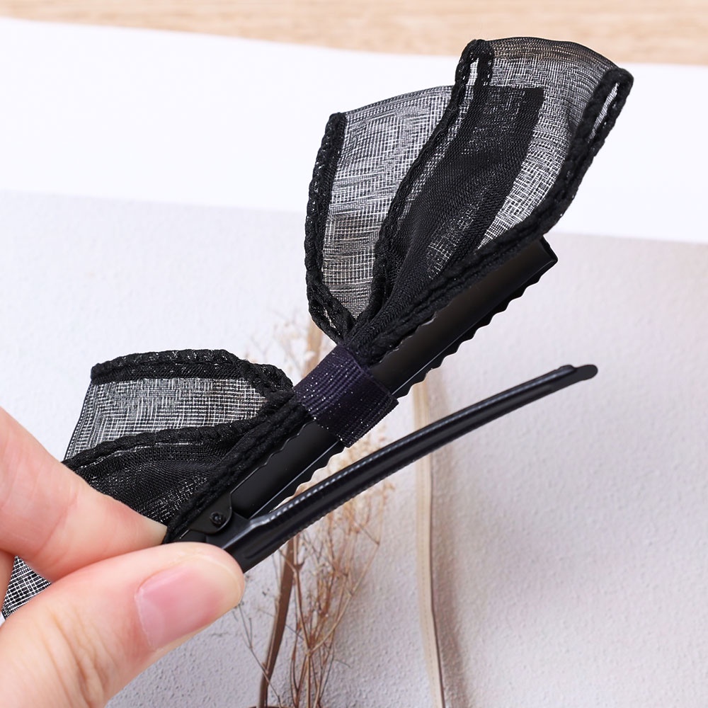 Kẹp Tóc Nơ Lưới Hai Lớp Màu Đen Phong Cách Hàn Quốc Thanh Lịch Cho Nữ