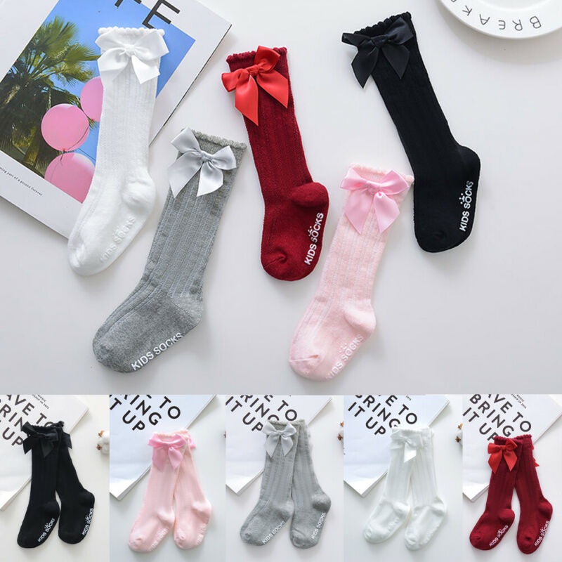 Vớ Cotton Cổ Vừa Màu Trơn Đính Nơ Phong Cách Mới Cho Bé Gái