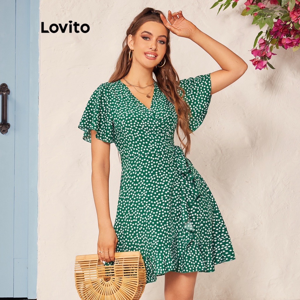 Lovito Casual Ditsy Floral Wrap Ruffle Knot Women Dress L39LD010 (Xanh lá cây)