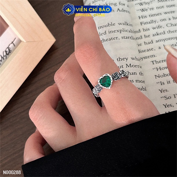 Nhẫn bạc nữ hoa hồng trái tim xanh chất liệu bạc 925 thời trang phụ kiện trang sức Viễn Chí Bảo N000288