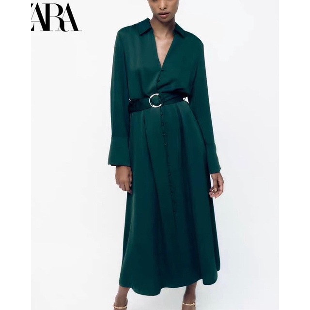đầm Zara sơ mi lụa xanh cực xinh DT1SMDY58N10