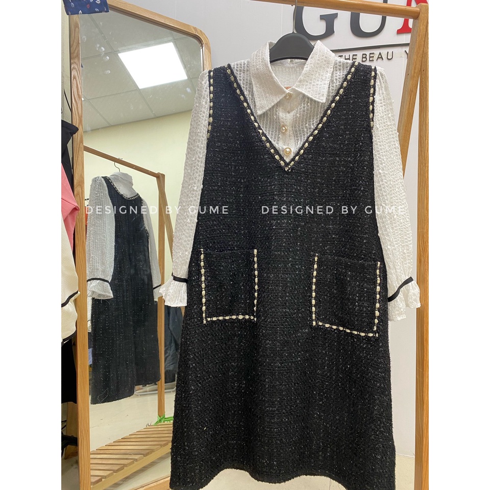 Váy bầu bigsize - Đầm bầu thiết kế GuMe mặc Tết DẠ TWEED MÀU ĐEN CỔ ĐỨC GIẢ YẾM SIZE TỪ 40-100KG MB194_ảnh thật