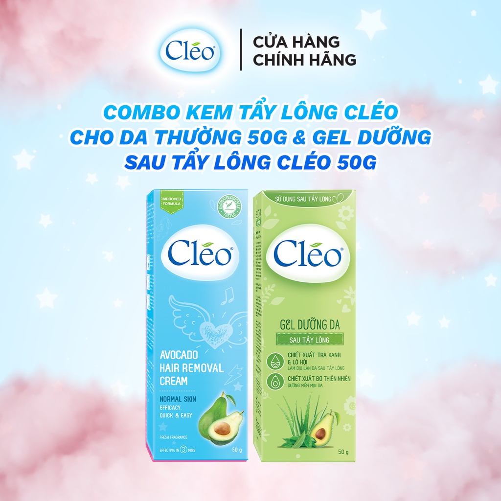 Bộ đôi Kem tẩy lông Cléo cho da thường 50g và Gel dịu da Cléo giúp chậm mọc lông 50g