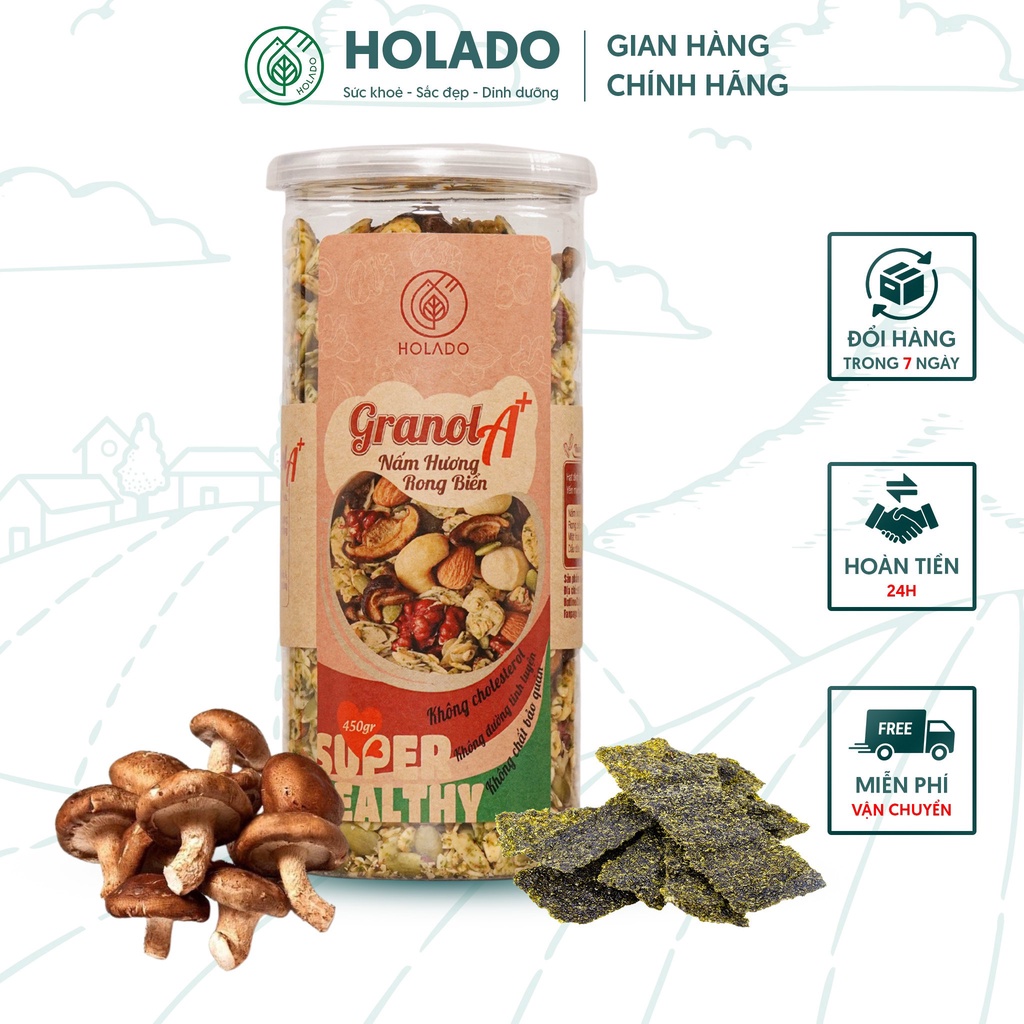 Granola Siêu Hạt ăn kiêng HOLADO Ngũ Cốc vị Nấm Hương Rong Biển giảm cân dinh dưỡng eat clean tốt cho sức khỏe Hộp 500g