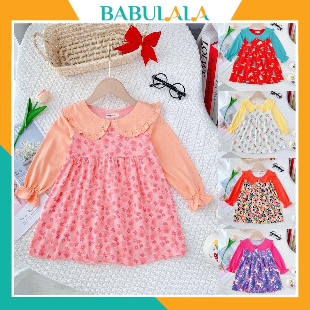 Váy Đầm MINKY MOM Chính Hãng COTTON Tay Dài Cổ Bèo Lá Sen Hoa Văn Đáng Yêu Cho Bé Mặc Đi Chơi 8-20kg - Babulala