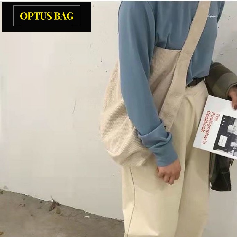 Túi tote đeo chéo đeo vai vải nhung trơn 2 màu hồng kem để laptop đi học đi chơi - optusbag