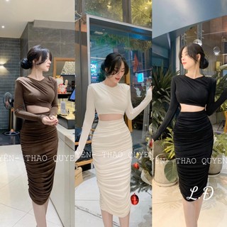Đầm body nhún thân khoét bụng kèm tag